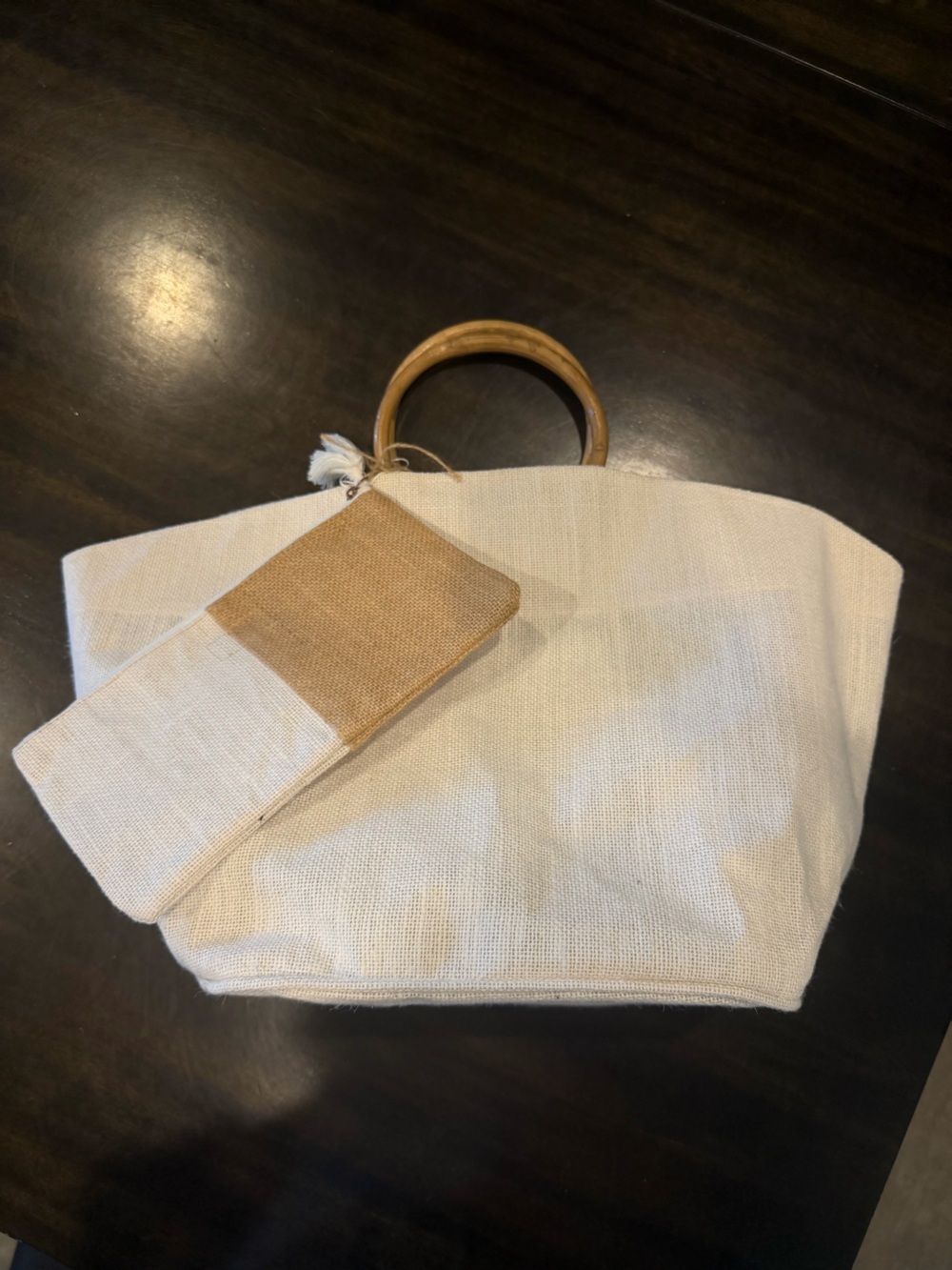 Mud Pie Cream Canvas Tote with Bamboo Ring Handles